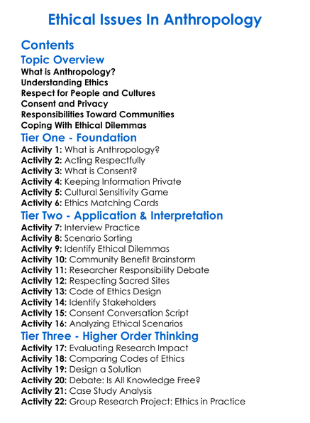 Ethical Issues In Anthropology Worksheet Activity Booklet