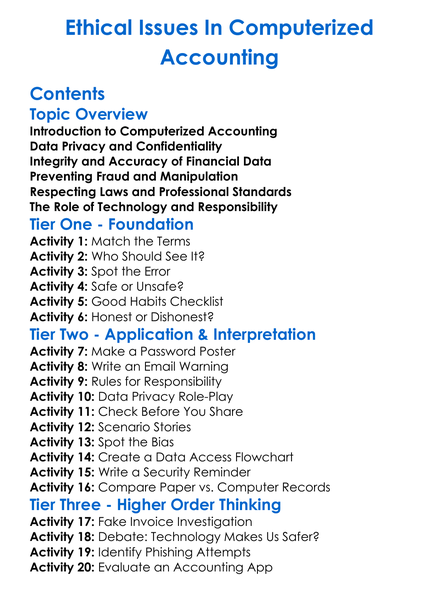 Ethical Issues In Computerized Accounting Worksheet Activity Booklet