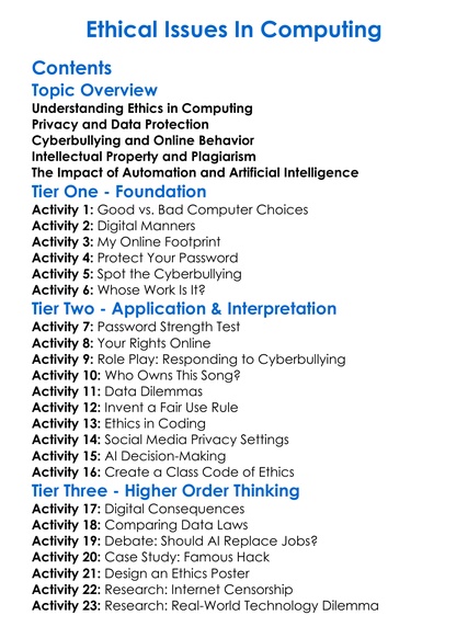 Ethical Issues In Computing Worksheet Activity Booklet