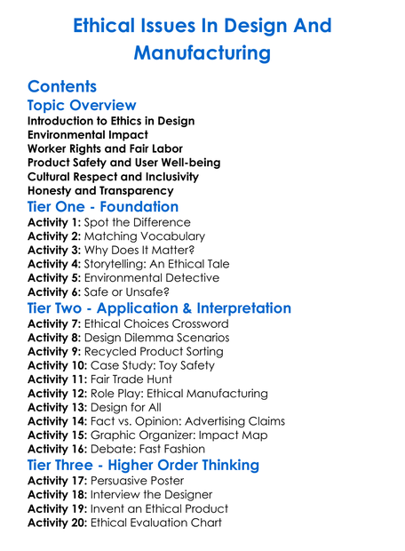 Ethical Issues In Design And Manufacturing Worksheet Activity Booklet