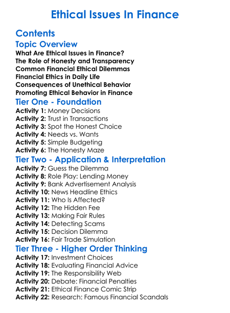 Ethical Issues In Finance Worksheet Activity Booklet