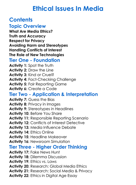 Ethical Issues In Media Worksheet Activity Booklet
