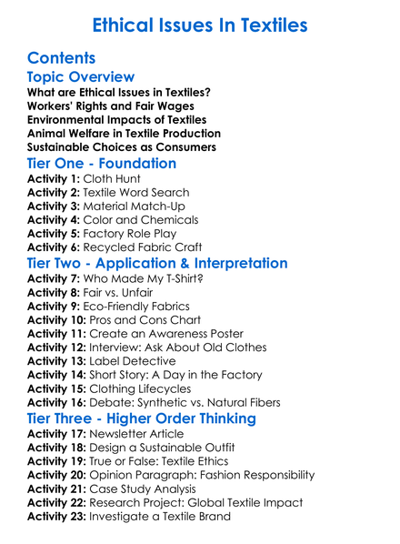 Ethical Issues In Textiles Worksheet Activity Booklet