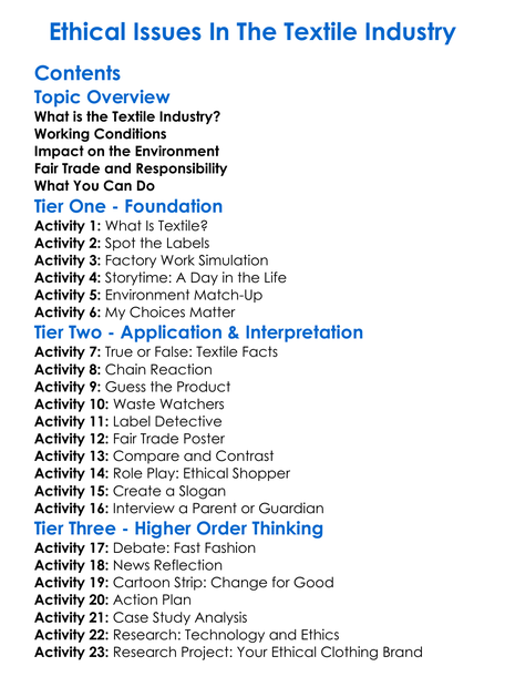 Ethical Issues In The Textile Industry Worksheet Activity Booklet