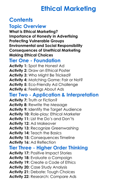Ethical Marketing Worksheet Activity Booklet