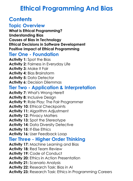 Ethical Programming And Bias Worksheet Activity Booklet