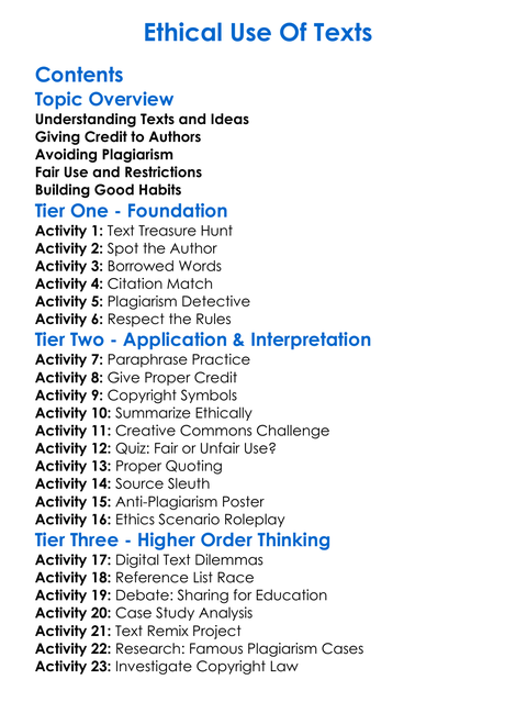 Ethical Use Of Texts Worksheet Activity Booklet