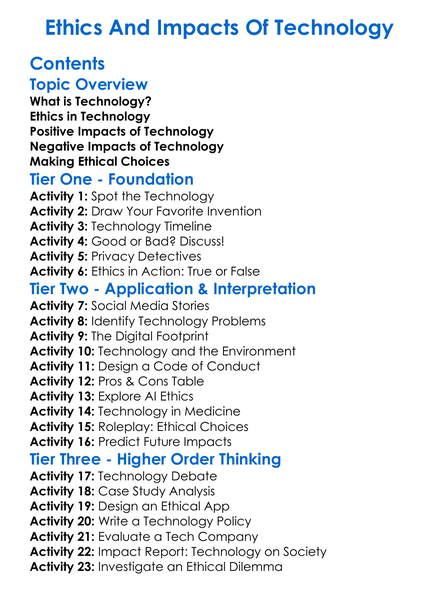 Ethics And Impacts Of Technology Worksheet Activity Booklet