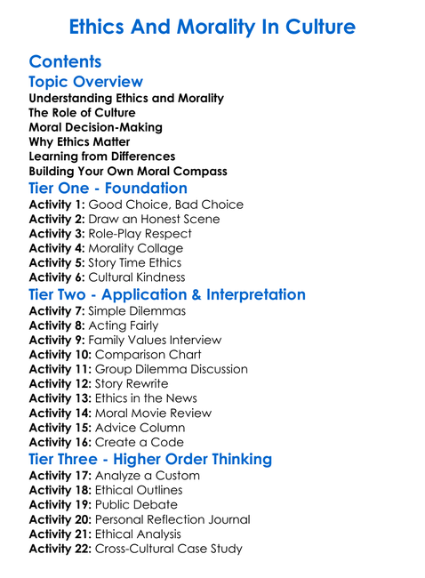 Ethics And Morality In Culture Worksheet Activity Booklet