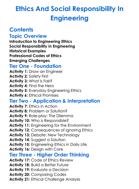 Ethics And Social Responsibility In Engineering Worksheet Activity Booklet