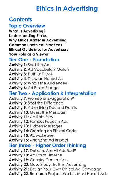 Ethics In Advertising Worksheet Activity Booklet