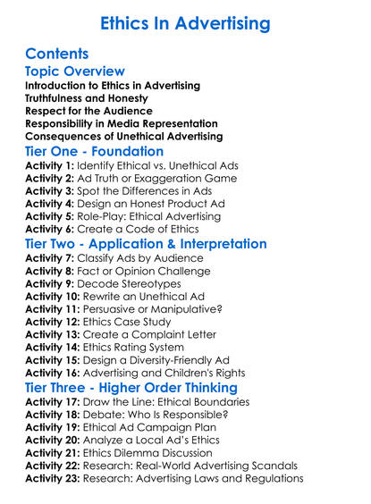 Ethics In Advertising Worksheet Activity Booklet