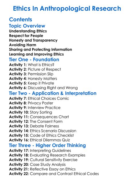 Ethics In Anthropological Research Worksheet Activity Booklet