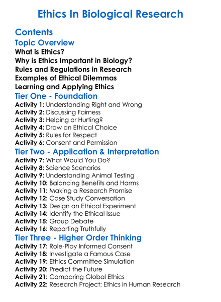 Ethics In Biological Research Worksheet Activity Booklet