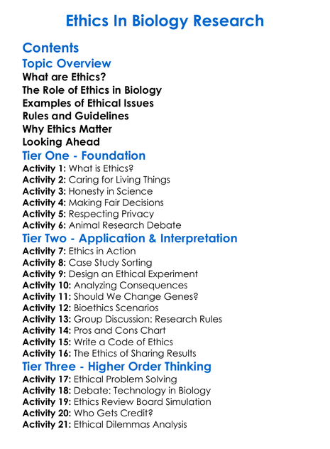 Ethics In Biology Research Worksheet Activity Booklet