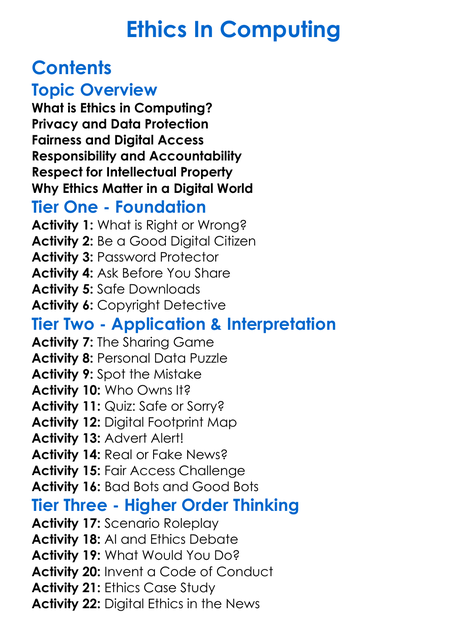 Ethics In Computing Worksheet Activity Booklet