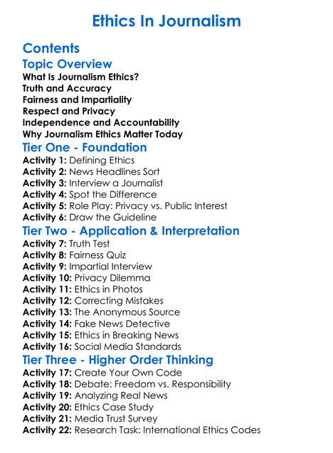 Ethics In Journalism Worksheet Activity Booklet