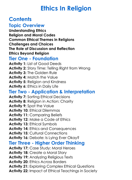 Ethics In Religion Worksheet Activity Booklet