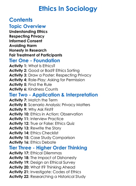 Ethics In Sociology Worksheet Activity Booklet