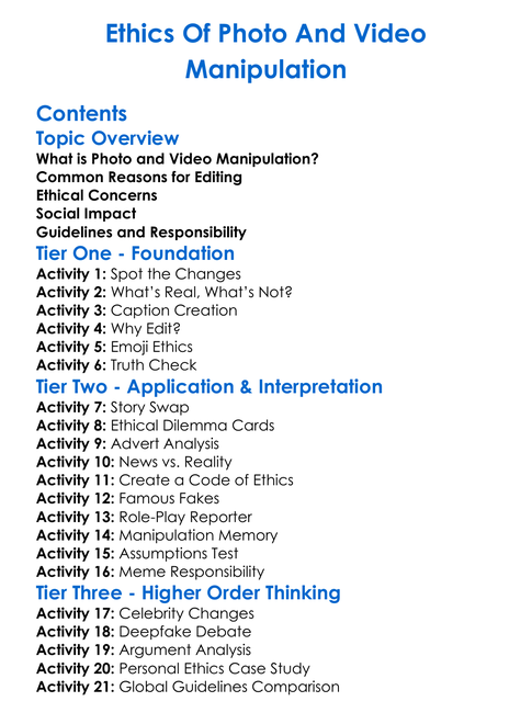 Ethics Of Photo And Video Manipulation Worksheet Activity Booklet