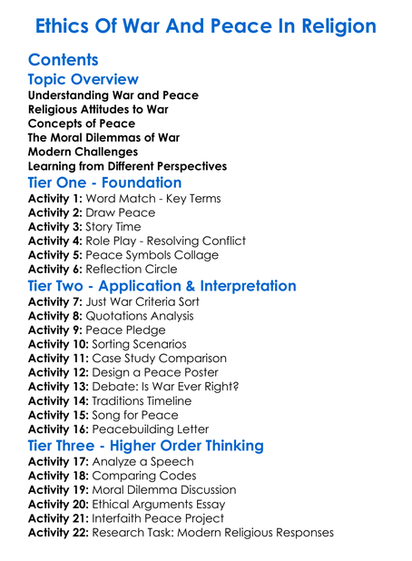 Ethics Of War And Peace In Religion Worksheet Activity Booklet