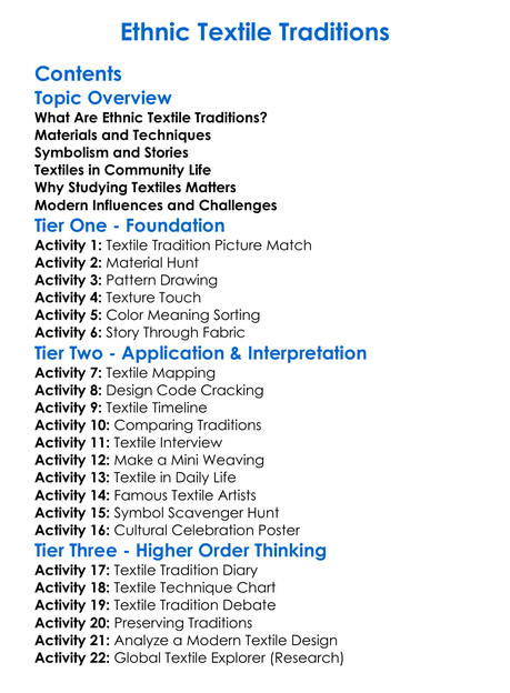 Ethnic Textile Traditions Worksheet Activity Booklet