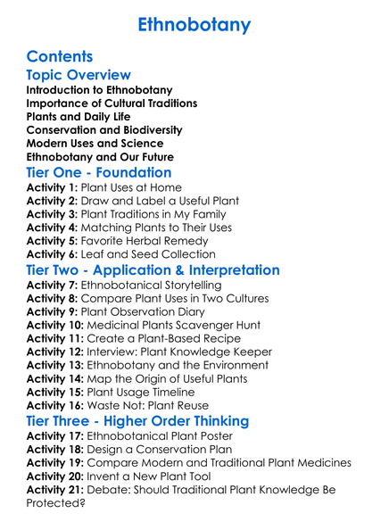 Ethnobotany Worksheet Activity Booklet