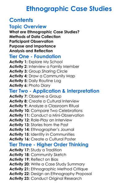 Ethnographic Case Studies Worksheet Activity Booklet