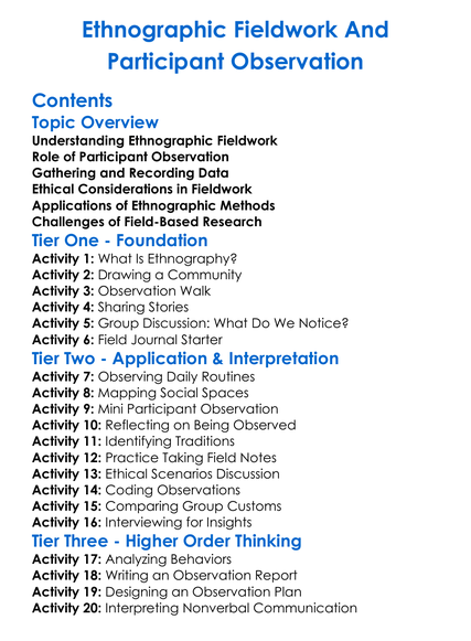 Ethnographic Fieldwork And Participant Observation Worksheet Activity Booklet