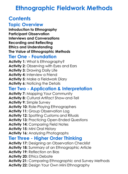 Ethnographic Fieldwork Methods Worksheet Activity Booklet