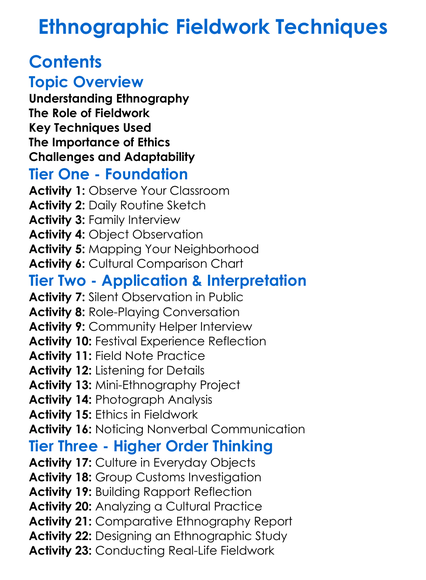 Ethnographic Fieldwork Techniques Worksheet Activity Booklet