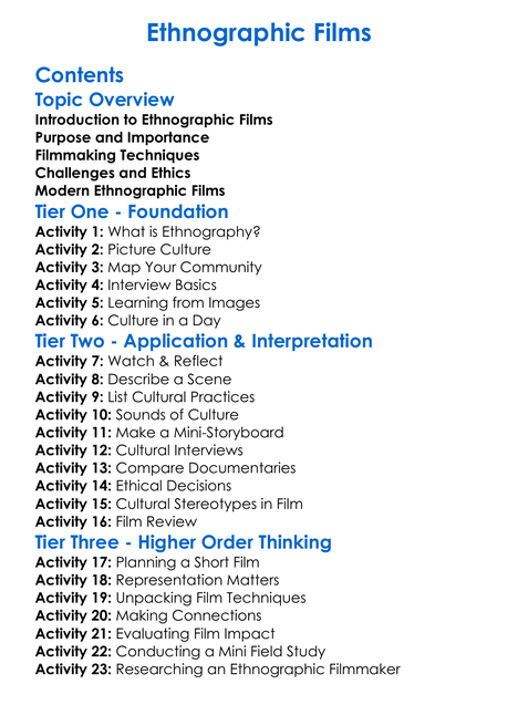 Ethnographic Films Worksheet Activity Booklet