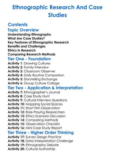 Ethnographic Research And Case Studies Worksheet Activity Booklet