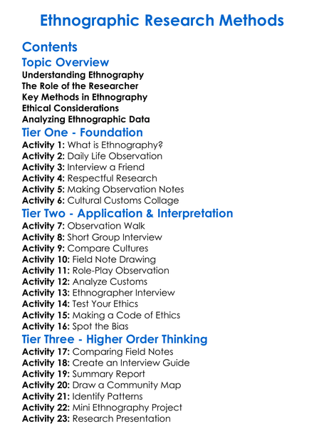 Ethnographic Research Methods Worksheet Activity Booklet