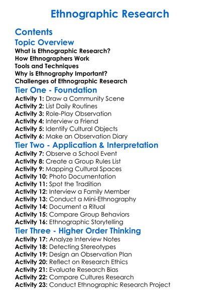 Ethnographic Research Worksheet Activity Booklet