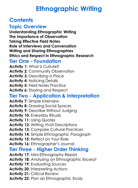 Ethnographic Writing Worksheet Activity Booklet