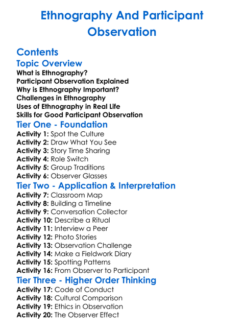 Ethnography And Participant Observation Worksheet Activity Booklet