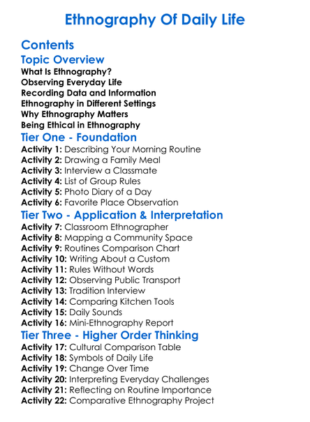 Ethnography Of Daily Life Worksheet Activity Booklet