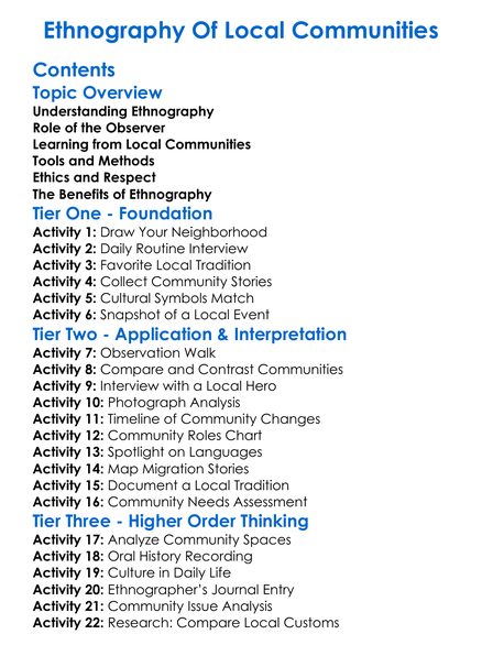 Ethnography Of Local Communities Worksheet Activity Booklet