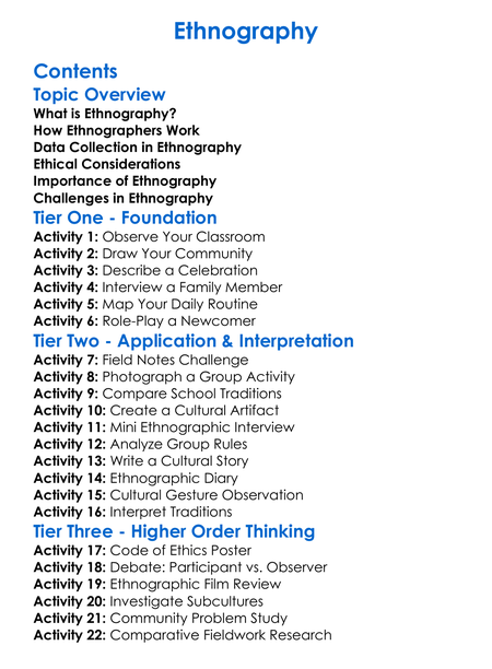 Ethnography Worksheet Activity Booklet