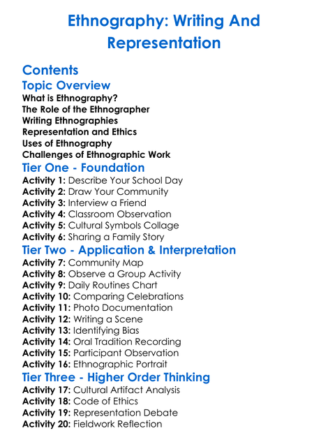 Ethnography Writing And Representation Worksheet Activity Booklet