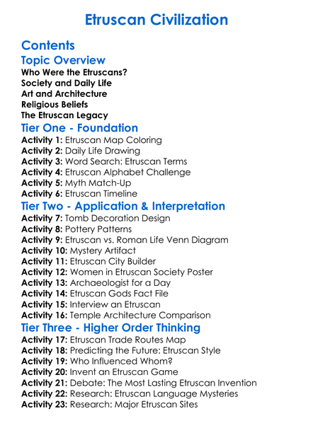 Etruscan Civilization Worksheet Activity Booklet