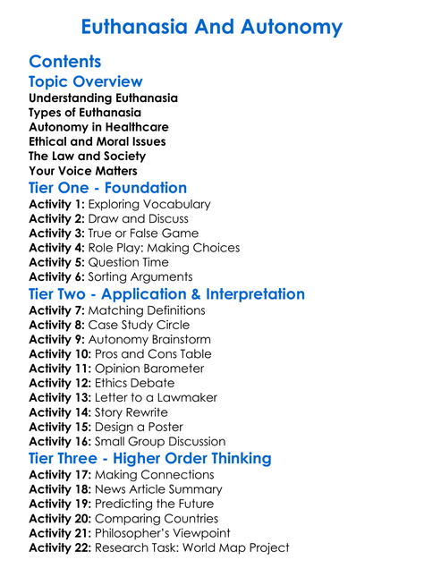 Euthanasia And Autonomy Worksheet Activity Booklet