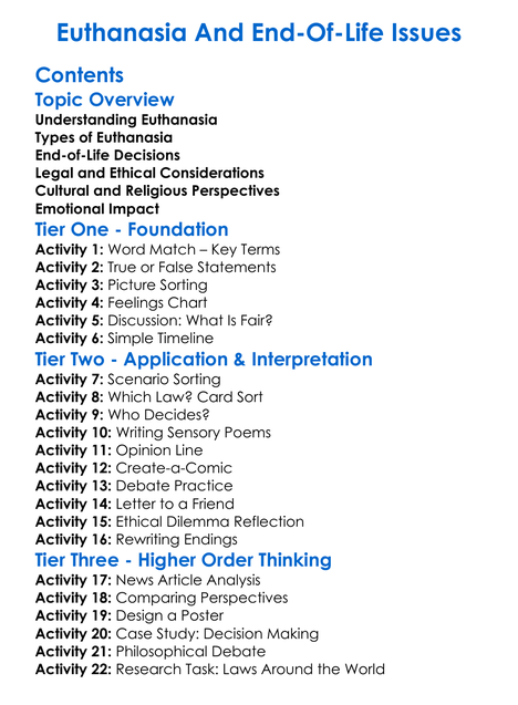 Euthanasia And End-Of-Life Issues Worksheet Activity Booklet