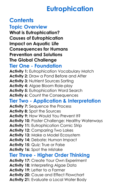 Eutrophication Worksheet Activity Booklet