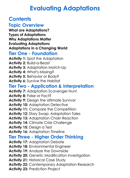 Evaluating Adaptations Worksheet Activity Booklet