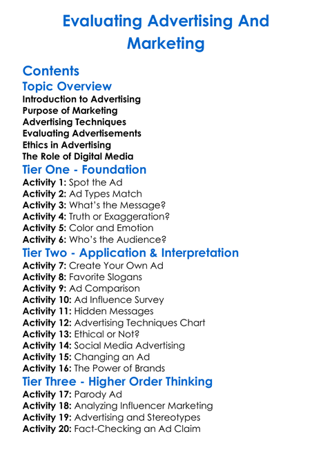 Evaluating Advertising And Marketing Worksheet Activity Booklet