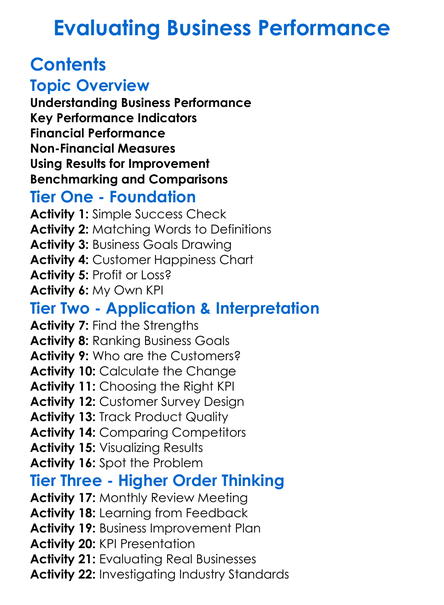 Evaluating Business Performance Worksheet Activity Booklet