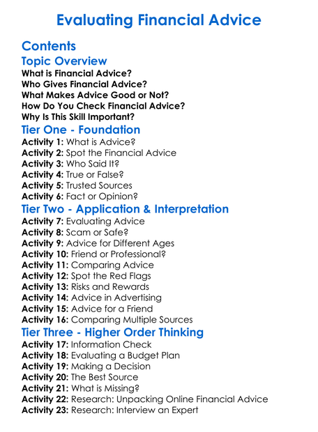 Evaluating Financial Advice Worksheet Activity Booklet