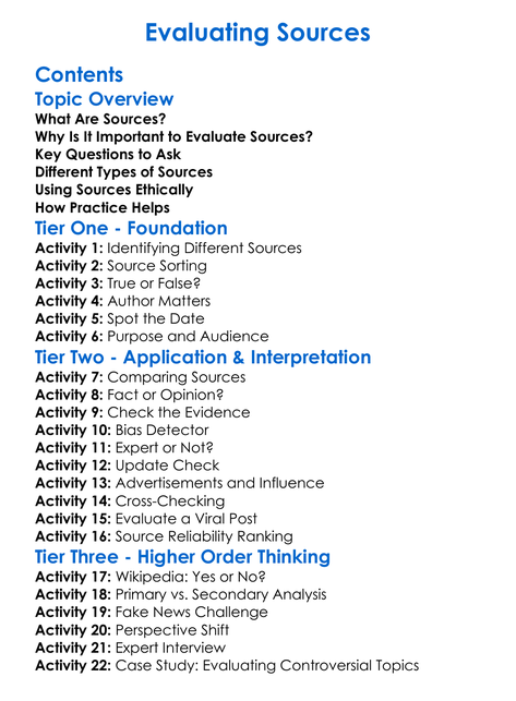 Evaluating Sources Worksheet Activity Booklet